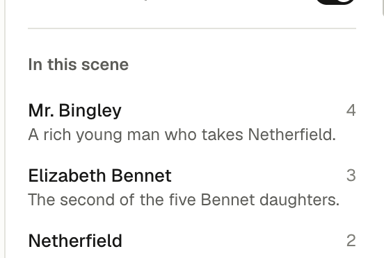 In this scene: Mr. Bingley, Elizabeth Bennet, Netherfield and Jane Bennet, with counts