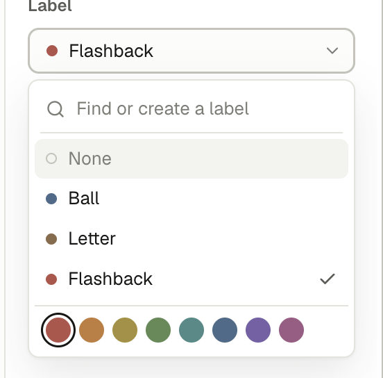 The label list with three labels and a row of colour swatches