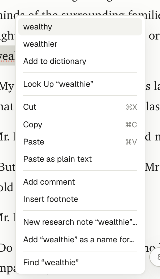 Right-clicking a misspelled word: wealthy and wealthier suggested, then Add to dictionary