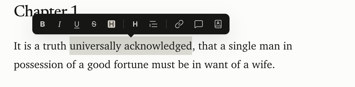 The formatting toolbar above a selected phrase